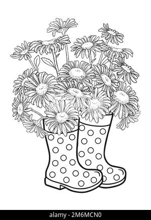 Page de livre de coloriage vectoriel pour adultes. Un bouquet de tulipes tient dans des bottes en caoutchouc au lieu d'un vase Illustration de Vecteur