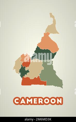 Affiche Cameroun dans un style rétro. Carte du pays avec les régions dans la palette de couleurs d'automne. Forme du Cameroun avec le nom du pays. Illustration de Vecteur