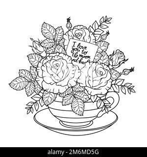 Page de livre de coloriage vectoriel pour adulte. Illustration noire et blanche d'un joli bouquet de roses avec un message d'amour dans une tasse au lieu d'un vase Illustration de Vecteur