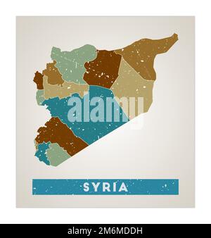 Carte de la Syrie. Affiche pays avec régions. Ancienne texture de grunge. Forme de la Syrie avec le nom du pays. Illustration vectorielle tendance. Illustration de Vecteur