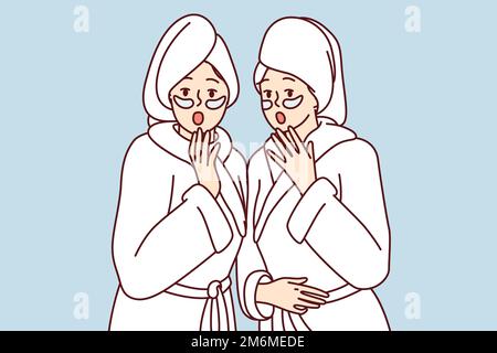 Deux femmes effrayées vêtues de robes de douche blanches ouvrant la bouche. Les amies avec des masques sur le visage et des serviettes sur les cheveux mouillés sont choquées après avoir appris des nouvelles de la presse jaune. Image vectorielle plate Illustration de Vecteur