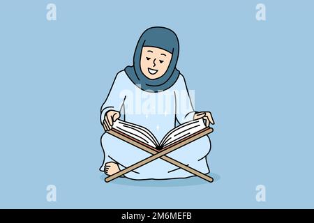 Une femme arabe souriante en abaya lit le Coran à la maison. Bonne femme arabe dans hijab priez avec le livre musulman Saint. Illustration vectorielle. Illustration de Vecteur