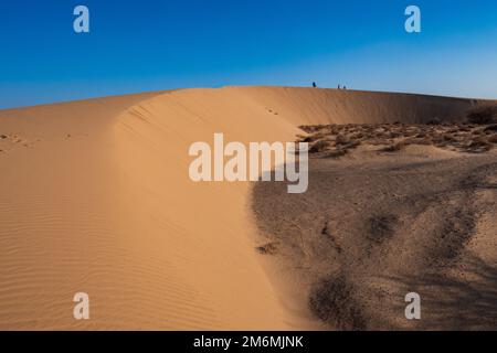 Un groupe de touristes marchant sur une dune de sable à North Horr Sand Dunes à Marsabit, Kenya Banque D'Images