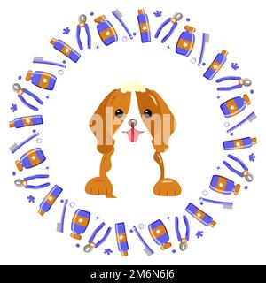cadre des outils pet avec le chien au centre. arrière-plan blanc. Illustration vectorielle Illustration de Vecteur