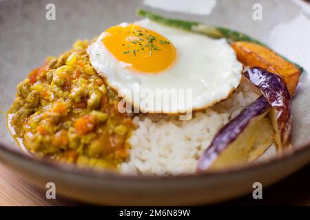 Donburi Curry servi dans un restaurant japonais à Tokyo. Plat combiné japonais avec poulet, riz, œuf et légumes. Banque D'Images