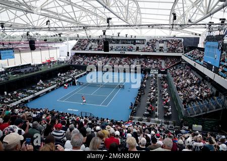 Adélaïde, Australie, 5 janvier 2023. Vue sur le stade lors du match international de tennis d'Adélaïde entre Novak Djokovic de Serbie et Quentin Halys de France à Memorial Drive sur 05 janvier 2023 à Adélaïde, en Australie. Crédit : Peter Mundy/Speed Media/Alay Live News Banque D'Images