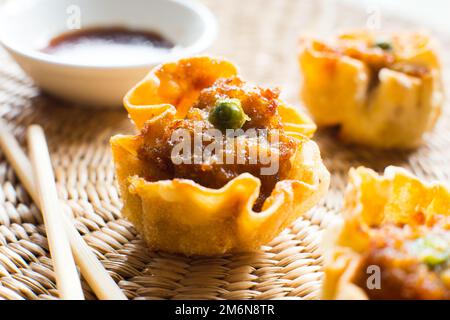 Boulettes japonaises frites avec porc haché et légumes. Banque D'Images