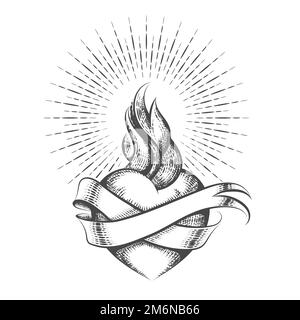 Tatouage du symbole de coeur sacré flamboyant dessiné dans le style de décapage. Illustration vectorielle isolée sur fond blanc Illustration de Vecteur