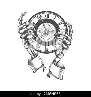 Tatouage des mains de la mort tenant horloge Tattoo dans le style gravure. Illustration vectorielle isolée sur fond blanc Illustration de Vecteur