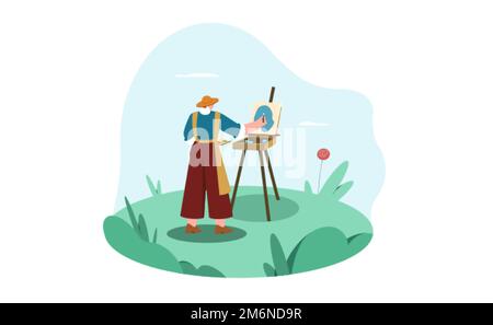 Femme d'âge plat artiste peinture sur toile dans le parc d'été. Dessin de personnage de peintre avec pinceau et chevalet. Passe-temps de la personne à la retraite, activités de loisirs des pensionnés à la retraite. Illustration de Vecteur