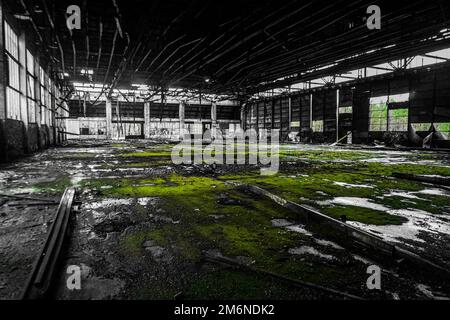 Photo couleur sélective d'un ancien bâtiment de mousse abandonné Banque D'Images