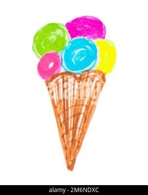 Cornet de gaufres à la crème glacée avec boules multicolores sur fond blanc, joli dessin d'enfants avec un stylo feutre Banque D'Images