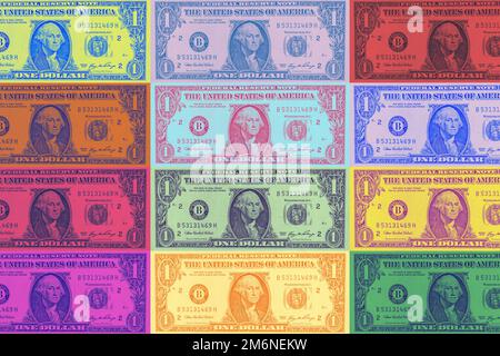 Arrière-plan d'art contemporain avec billets de banque colorés. Toile de fond de texture numérique. Art tendance, culture créative et amusante. Neu contemporain Banque D'Images