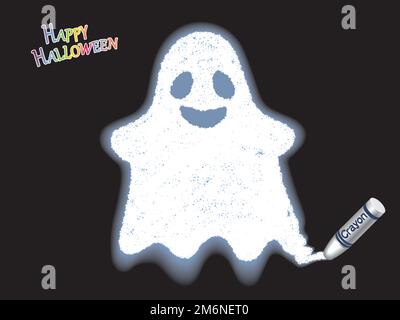 Joyeuse Halloween Vector White Ghost crayon Illustration isolée sur fond noir. Illustration de Vecteur