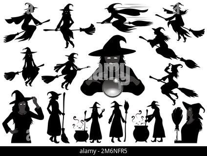 Happy Halloween Witch Vector Silhouette Illustration Set isolé sur Un fond blanc. Illustration de Vecteur