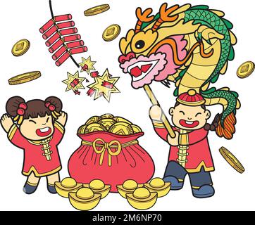 Dessin main de garçon chinois dansant dragon avec sac d'argent et fille illustration isolée sur fond Illustration de Vecteur