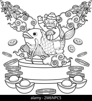 Illustration de Dieu et de Koi de richesse chinoise dessinée à la main isolée sur fond Illustration de Vecteur