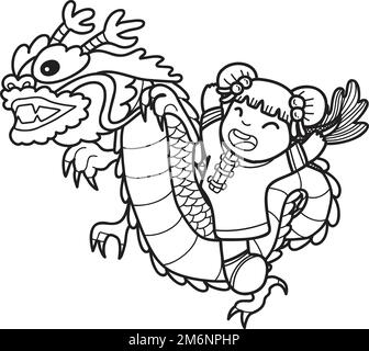 Dessin main dragon chinois et fille chinoise illustration isolée sur fond Illustration de Vecteur