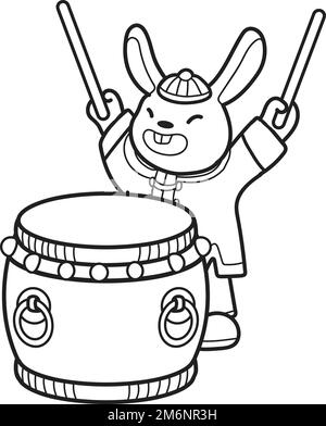 Lapin chinois dessiné à la main avec illustration du tambour isolée sur fond Illustration de Vecteur