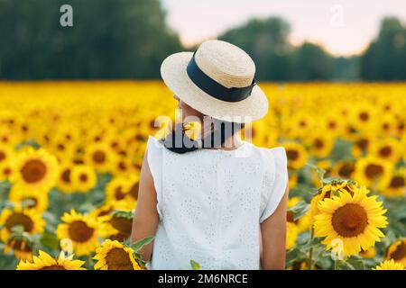 Belle jeune femme dans un chapeau sur un champ de tournesols. Banque D'Images