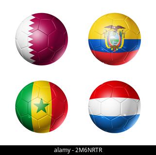 Qatar football 2022 groupe A drapeaux sur les ballons de football. 3D illustration isolée sur fond blanc Banque D'Images