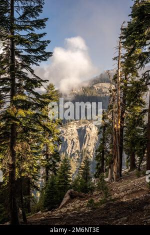 Les nuages bas s'élèvent au-dessus et à travers le Canyon de la Tour de surveillance à Sequoia Banque D'Images