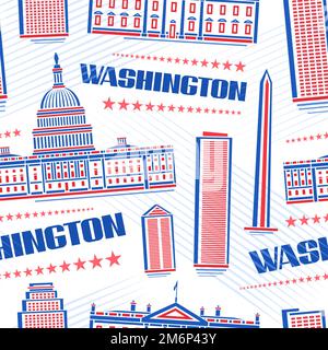 Vector Washington Seamless Pattern, répétition de l'arrière-plan avec illustration du célèbre paysage de la ville de washington sur fond blanc pour papier d'emballage, déc Illustration de Vecteur