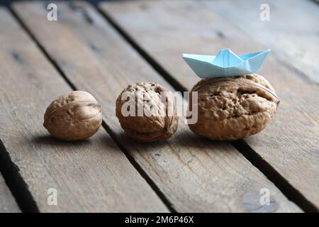 Concept créatif de leadership. Noix et un bateau en papier. Banque D'Images