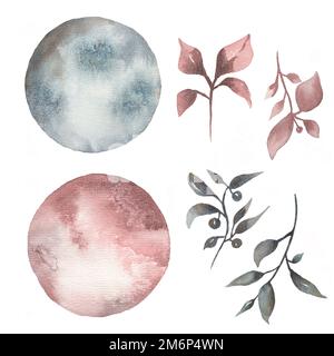 Aquarelle belle lunes ensemble illustration avec des feuilles. Ensemble lune et feuilles. art contemporain dans des tons doux neutres et tendance. Banque D'Images