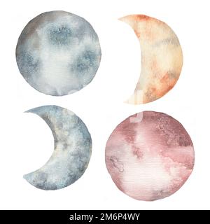 Aquarelle magnifique croissant et lunes ensemble illustration dans différentes couleurs. Lune art contemporain dans une couleur tendance neutre et douce. Banque D'Images