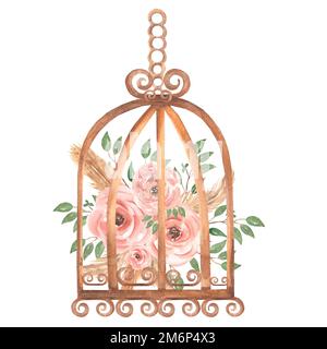 Cage d'oiseaux vintage peinte à la main aquarelle rouillée avec fleurs roses sales et branche de feuilles vertes. Illustration de style provençal. La carte de désherbage est invit Banque D'Images