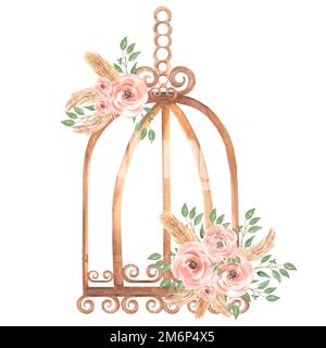 Cage d'oiseaux vintage peinte à la main aquarelle rouillée avec bouquet de fleurs rose sale et branche de feuilles vertes. Illustration de style provençal. Désherbage ca Banque D'Images