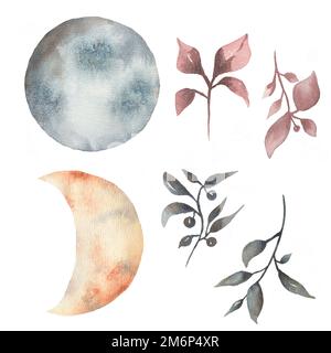 Aquarelle belle lune et croissant ensemble illustration avec des feuilles. Ensemble lune et feuilles. art contemporain dans des tons doux neutres et tendance. Banque D'Images