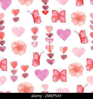 Aquarelle joli motif sans couture avec fleurs, coeurs et papillons dans les couleurs rose, rouge et violet. Banque D'Images