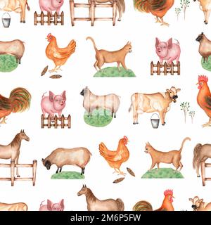 Motif aquarelle ferme sans couture. Objets dessinés à la main:chat,cochon,clôture,herbe,mouton,cheval,coq,vache,poule. Arrière-plan dessiné à la main. La vie des animaux de ferme. Banque D'Images