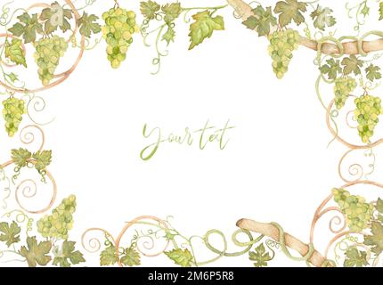 Magnifique cadre de raisin Watercolor dessiné à la main dans les couleurs vert et jaune. Banque D'Images