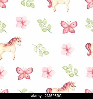 Adorable motif licorne aquarelle sans couture avec fleurs et papillons dans les couleurs rose et violet. Pépinière magique licorne motifs. Princesse arc-en-ciel Banque D'Images