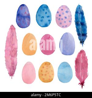 Set de pâques à l'aquarelle avec plumes et œufs. Décoration printanière. Motif d'avril dessiné à la main. Banque D'Images
