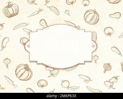 Peindre les fruits et les légumes à la main sur du papier kraft. Illustration de la vue de dessus. Cadre vintage sur fond ancien Banque D'Images