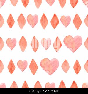 Motif sans couture avec losanges aquarelle et coeurs dans des couleurs rose et orange.arrière-plan géométrique moderne sur la texture du papier.style rétro des triangulars. Banque D'Images