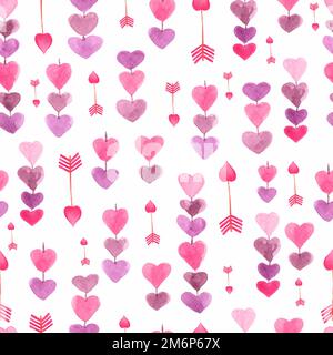 Motif de chaîne de coeurs et de flèches. Fond sans couture pour votre conception.texture romantique dans des couleurs pastel dessinées à la main avec des peintures.Rouge, rose et viole Banque D'Images