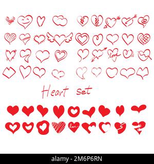 jeu de formes de coeur rouge illustration vecteur dessiné à la main isolé sur fond blanc dessin de ligne Illustration de Vecteur