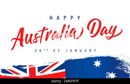 Calligraphie et drapeau de la joyeuse journée de l'Australie en pinceau. Drapeau australien et texte isolés sur fond blanc pour la fête de l'Australie, 26th janvier Illustration de Vecteur