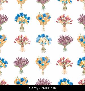 Aquarelle fleurs sauvages motif floral sans couture, délicat bouquet de fleurs papier peint avec fleurs de lavande et blé, différents arrière-plan de fleurs sauvages. Banque D'Images