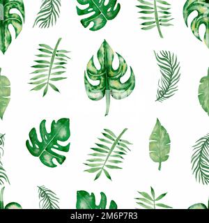 Motif feuilles tropicales aquarelle sans couture. Motif de feuilles tropique vert dessiné à la main. Banque D'Images