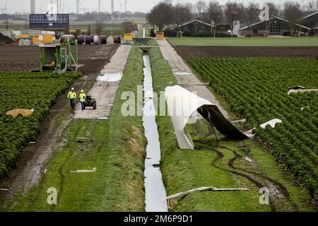 ZEEWOLDE - travaux sur les débris du moulin à vent démoli à Zeewolde. L'éolienne était un ancien modèle et s'est arrêtée après un message d'erreur. Le vent soufflait dur, mais il n'est pas encore clair si le moulin à vent a cassé en conséquence. ANP ROBIN VAN LONKHUIJSEN pays-bas sortie - belgique sortie Banque D'Images