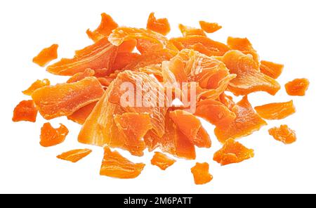 Flocons de carottes secs isolés sur fond blanc, pleine profondeur de champ Banque D'Images