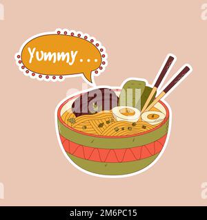 Cuisine japonaise traditionnelle. Autocollant asiatique Ramen. Illistration vectorielle. Illustration de Vecteur