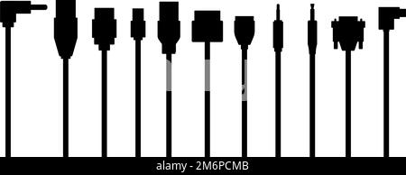 Jeu de silhouettes d'ordinateur câble, connecteur usb et audio, illustration vectorielle Illustration de Vecteur