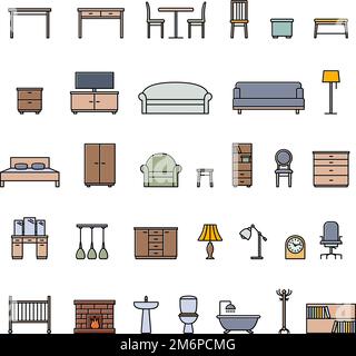 Ensemble de couleurs icônes de meubles de maison et de bureau, illustration vectorielle Illustration de Vecteur